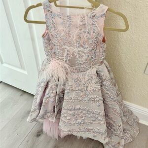 Elegant Pink and Silver Kids Dress with Feather Detail